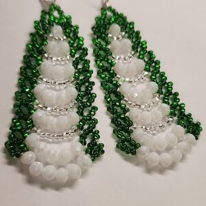 Chic Green and White Beaded Earrings